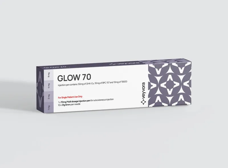 GLOW 70 mg research peptide click pen, front of box, Veyvora