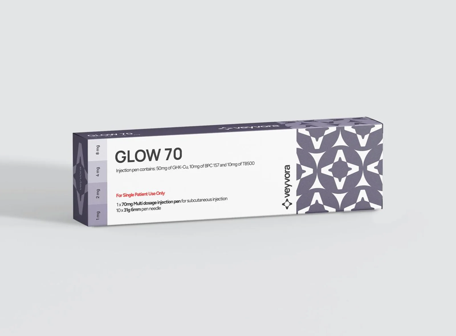GLOW 70 mg research peptide click pen, front of box, Veyvora