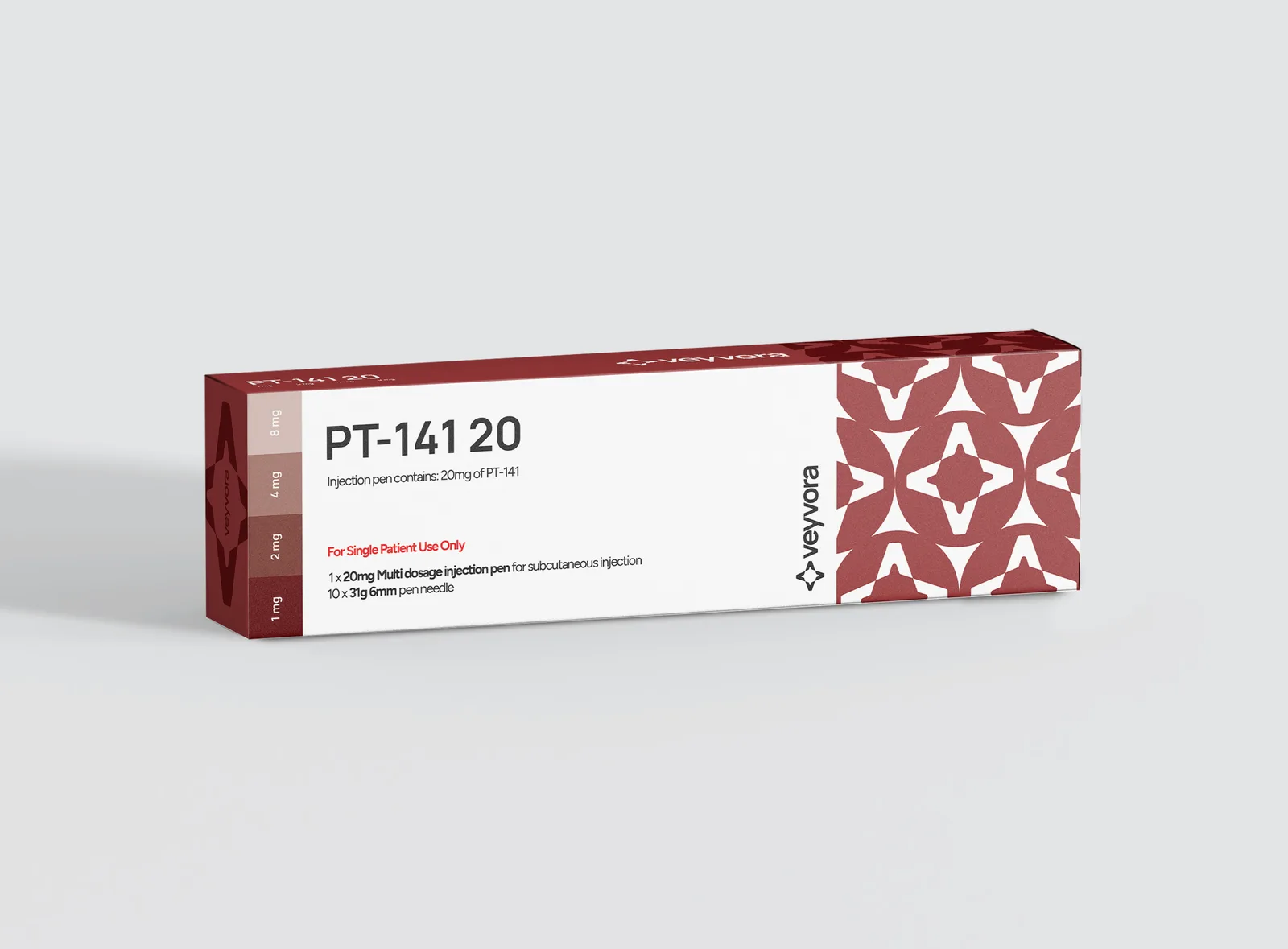 PT-141 20 mg research peptide click pen, front of box, Veyvora
