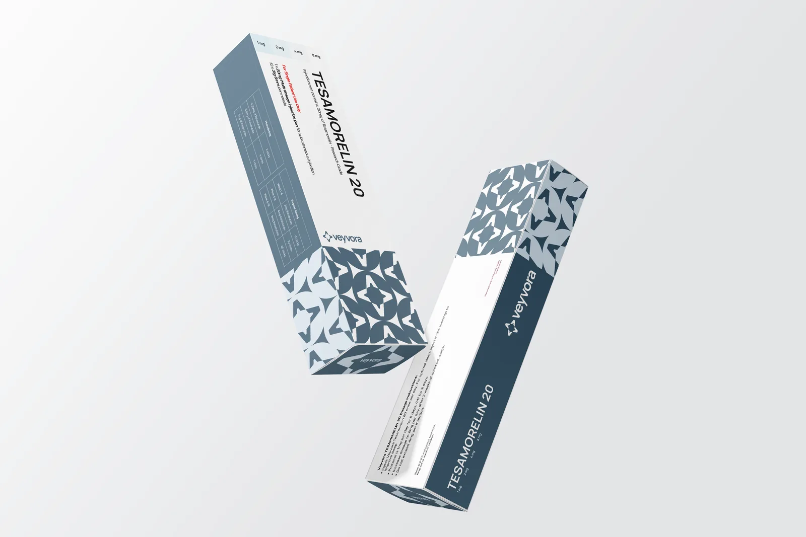 Tesamorelin 20 box showing the dosing panels, Veyvora